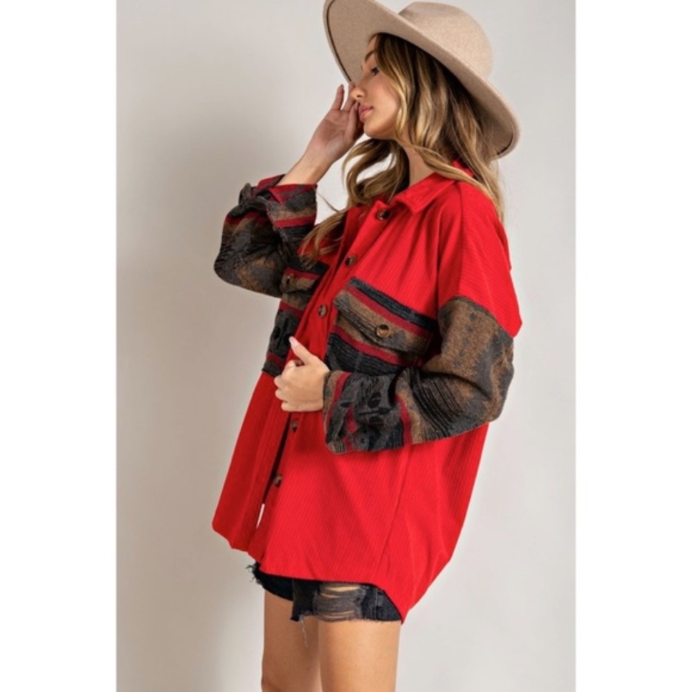 Red Corduroy Aztec Tribal Western Printed Shacket Shirt Jacket - Picture 5 of 6